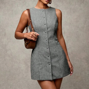Black Casual Women's Plaid Round Neck Sleeveless Button Front Mini Dress